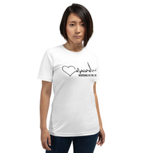 Load image into Gallery viewer, Nursing in the Six - Toronto Skyline w/ Nursing in the Six print - Short-Sleeve Unisex T-Shirt - WHITE
