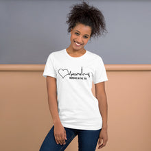 Load image into Gallery viewer, Nursing in the Six - Toronto Skyline w/ Nursing in the Six print - Short-Sleeve Unisex T-Shirt - WHITE
