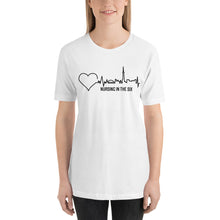 Load image into Gallery viewer, Nursing in the Six - Toronto Skyline w/ Nursing in the Six print - Short-Sleeve Unisex T-Shirt - WHITE
