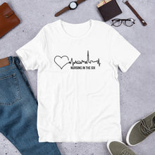 Load image into Gallery viewer, Nursing in the Six - Toronto Skyline w/ Nursing in the Six print - Short-Sleeve Unisex T-Shirt - WHITE

